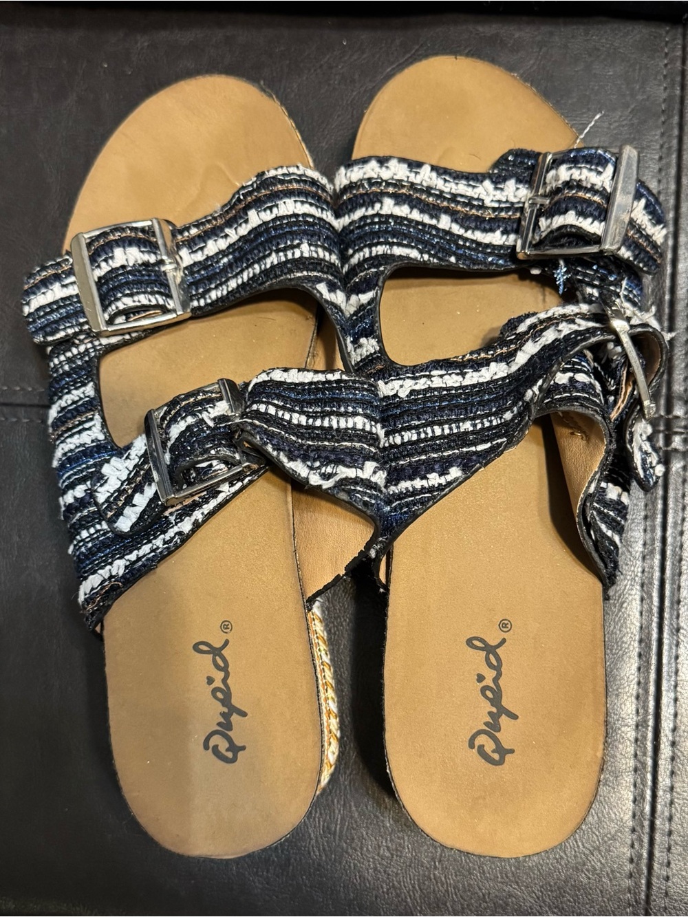 Qupid Navy & White Striped Double Buckle Slide Sandals